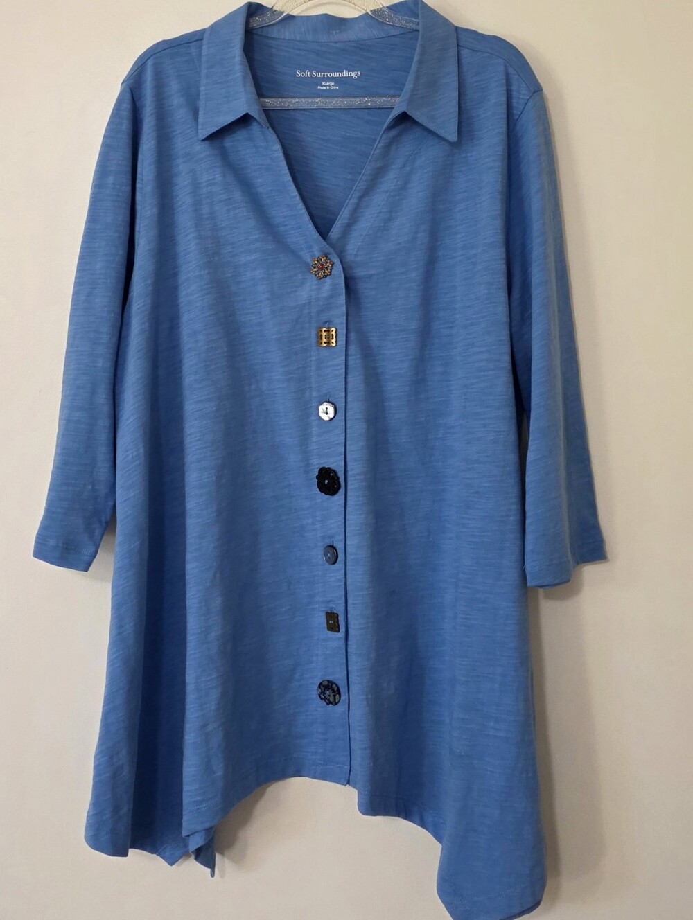 Soft Surroundings 3/4 Sleeve Tunic Top Asymmetrical Mismatched Buttons Artsy XL